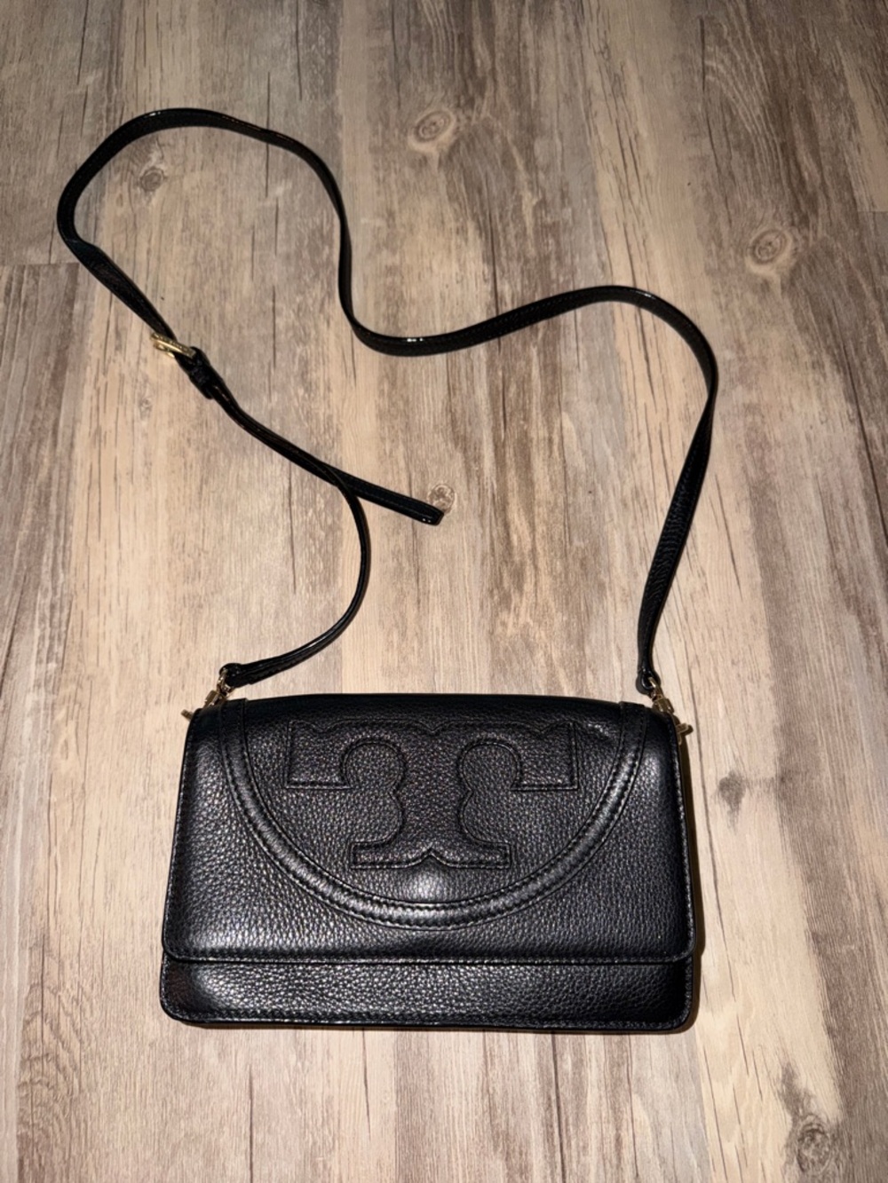 Tory Burch Black Pebbled Leather Logo Flap Crossbody